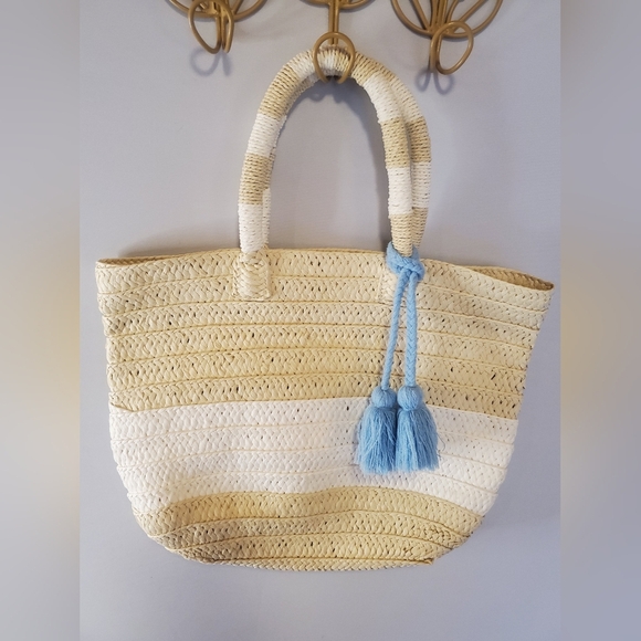 Altru Cream and Natural Tote Bag with Blue Tassels - Picture 1 of 7